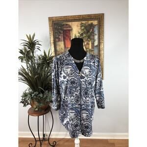 Valolia XL Blue Paisley Long Sleeve Tunic V-Neck Stretch Pullover Blouse Women